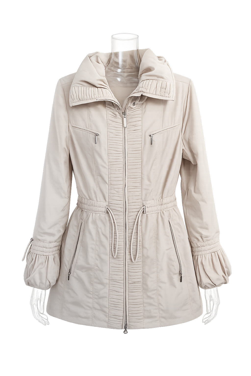 Vintage 2000s MADELEINE Beige Lightweight Jacket, Ruched Collar Coat, Utility Zi