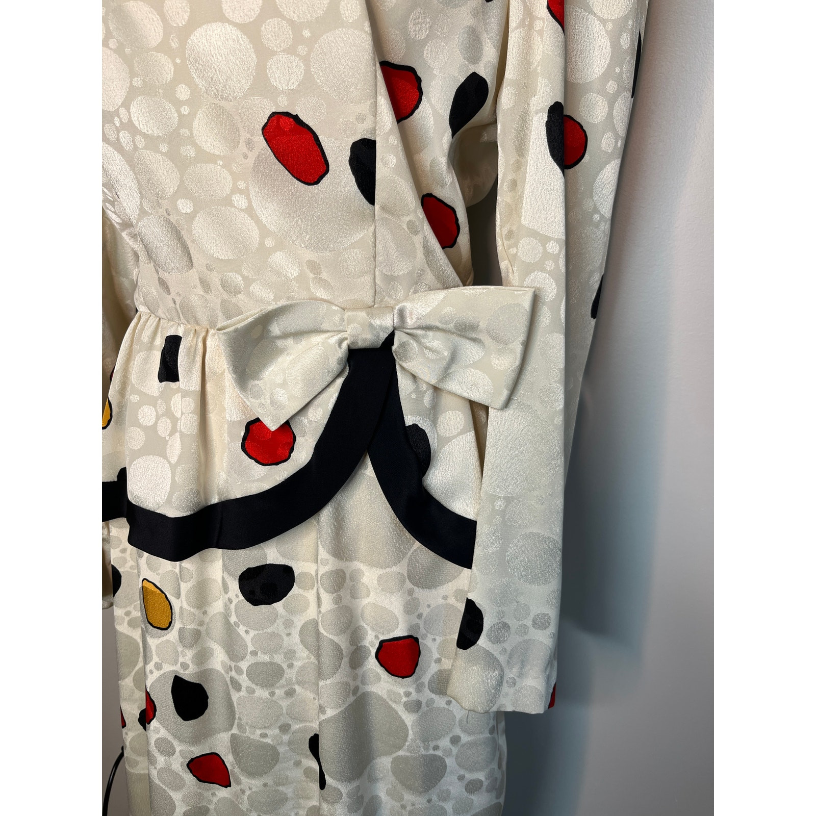1980s Studio E Red Yellow Polka Dot Bows Maximalist Artsy Peplum Midi Dress M
