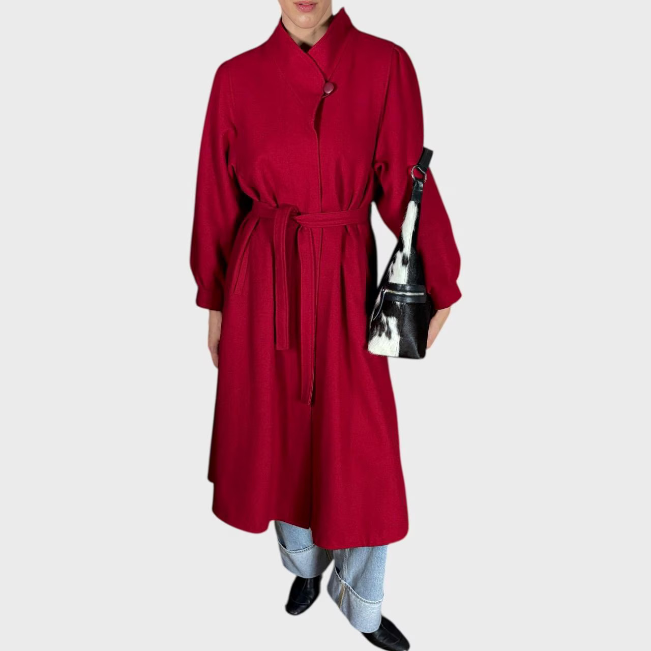 Vintage Red Wool Coat Belted Waist Elegant Longline Overcoat size US10; EU40