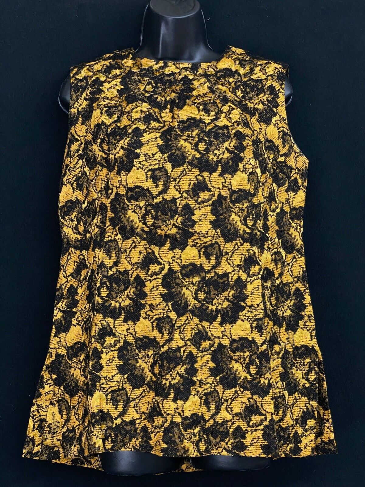 Vintage 1960s yellow black sleeveless top, woven tapestry shirt mod floral M