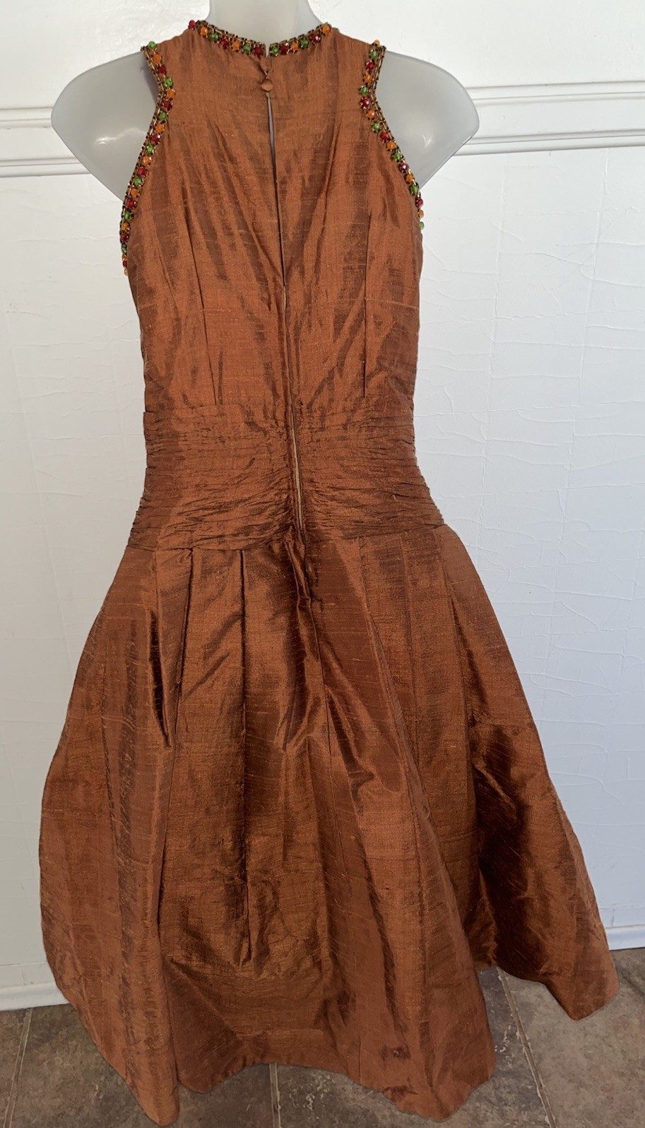 Stunning OOAK 1950s Raw Silk Hand Beaded Copper Bubble Evening Dress Tiered-Sz S