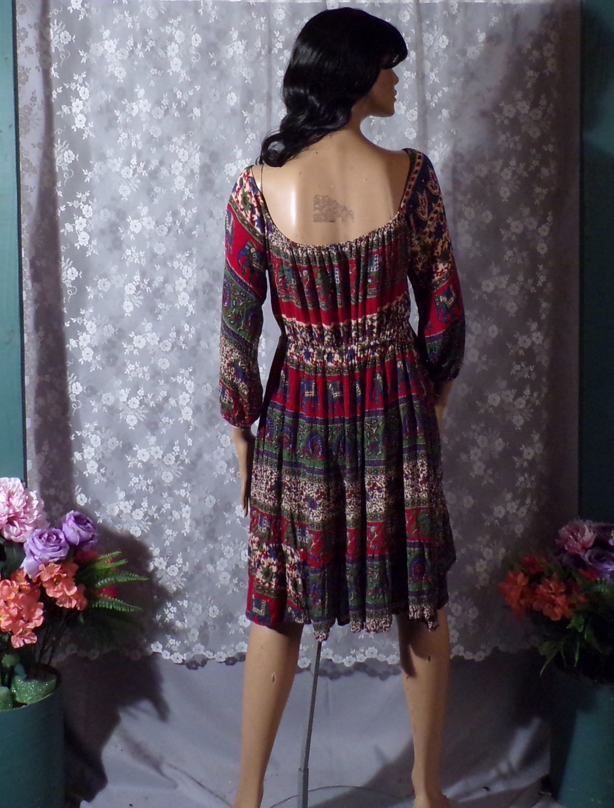 Vintage Boho Mini Dress Size Large 90s Elephant Peacock Hippie Eclectic 1990s