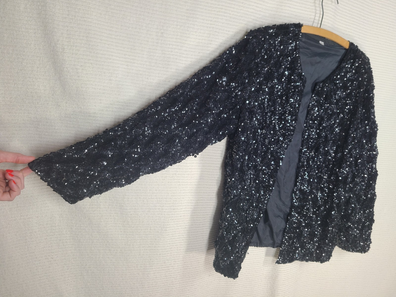 Vintage 1980s Black Sequin Jacket 46&Prime;b XL Minimal Squares Formal Evening Retro