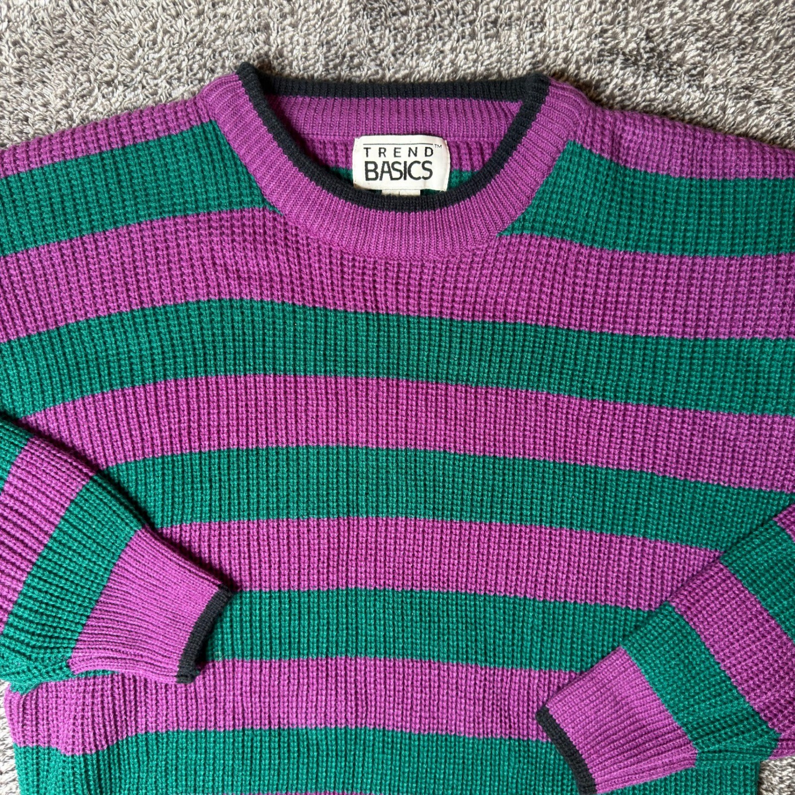 Vintage Trend Basics Purple Green Striped Knit Sweater Womens Large Acrylic Crew