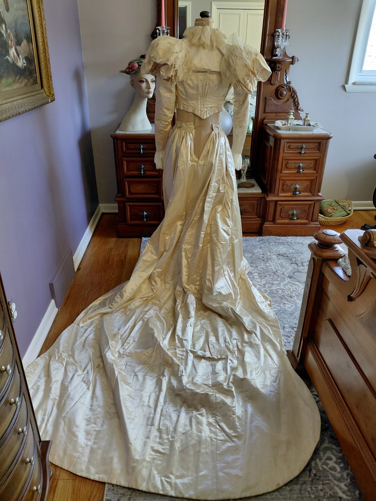 Antique 1890&rsquo;s Satin & Tambour Lace Dress Wedding Ball Gown Leg O Mutton Sleeves