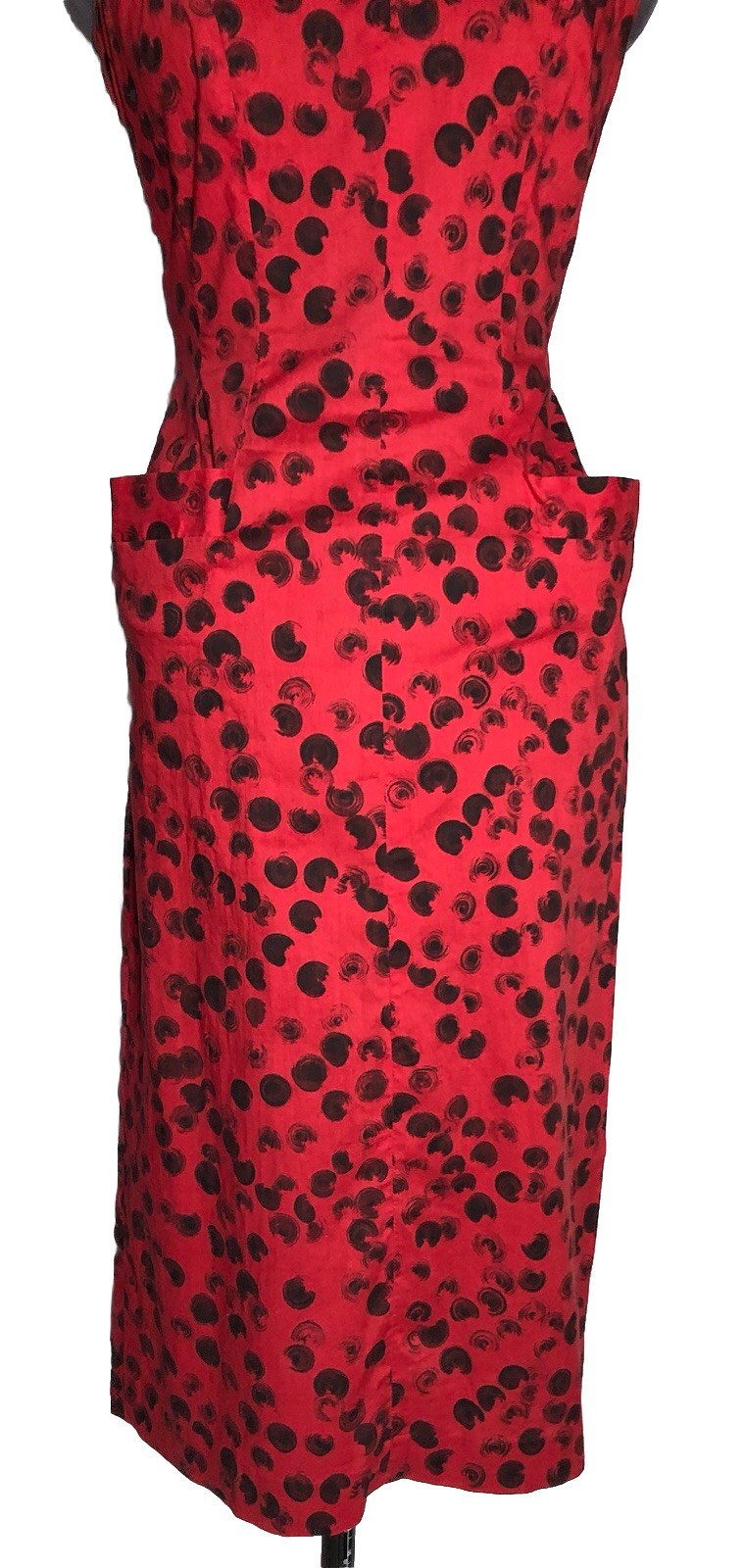 Vintage 1950s Red Black Abstract Polka Dot Wiggle Dress Pencil Skirt 33-26-34