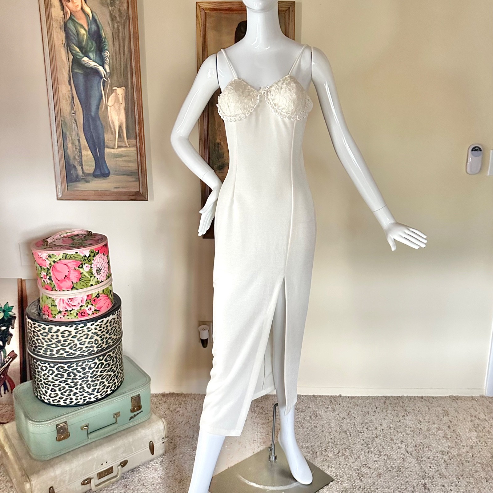 Vintage 1990s Ivory Midi Lace Bustier Bra Top Prom Slip Dress Bodycon M