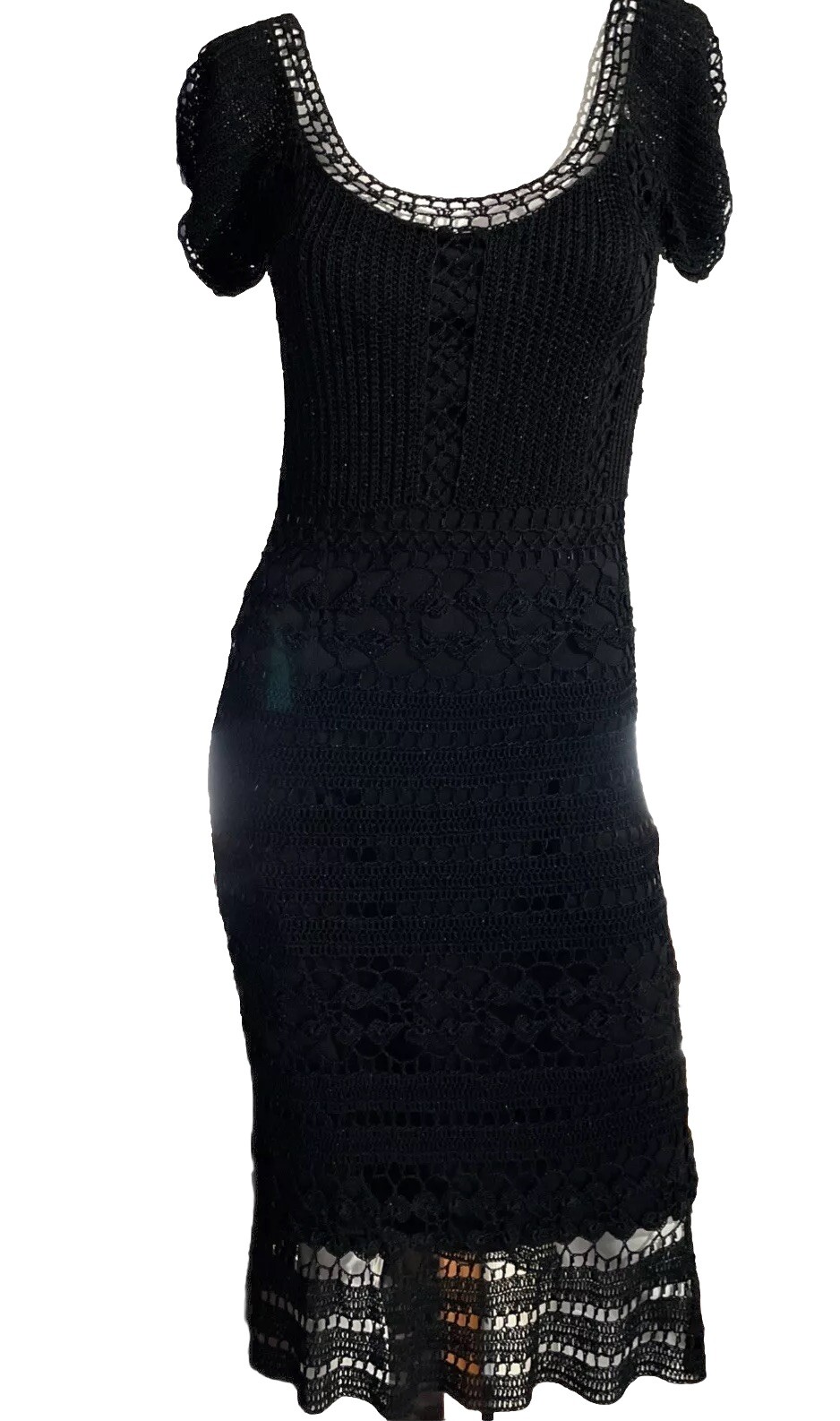 Gorgeous Vintage CACHÉ Black Beaded Crochet Knit Midi Dress XS/S/M