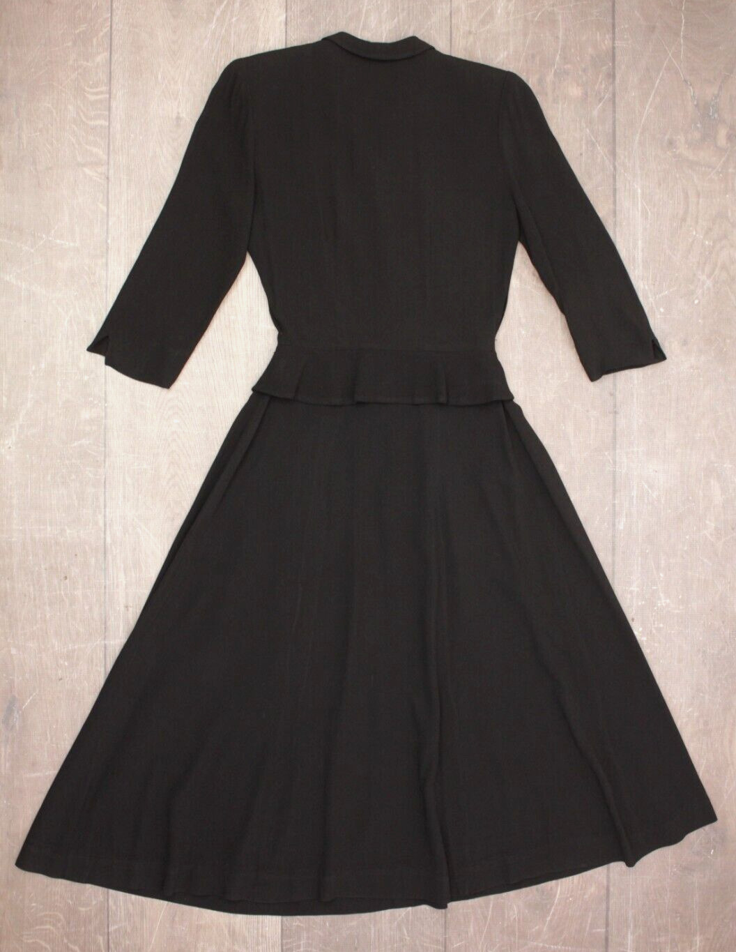 Vtg Women&rsquo;s 40s Black & Teal Trim Shirtwaist Dress W/ Peplum XS/S 1940s