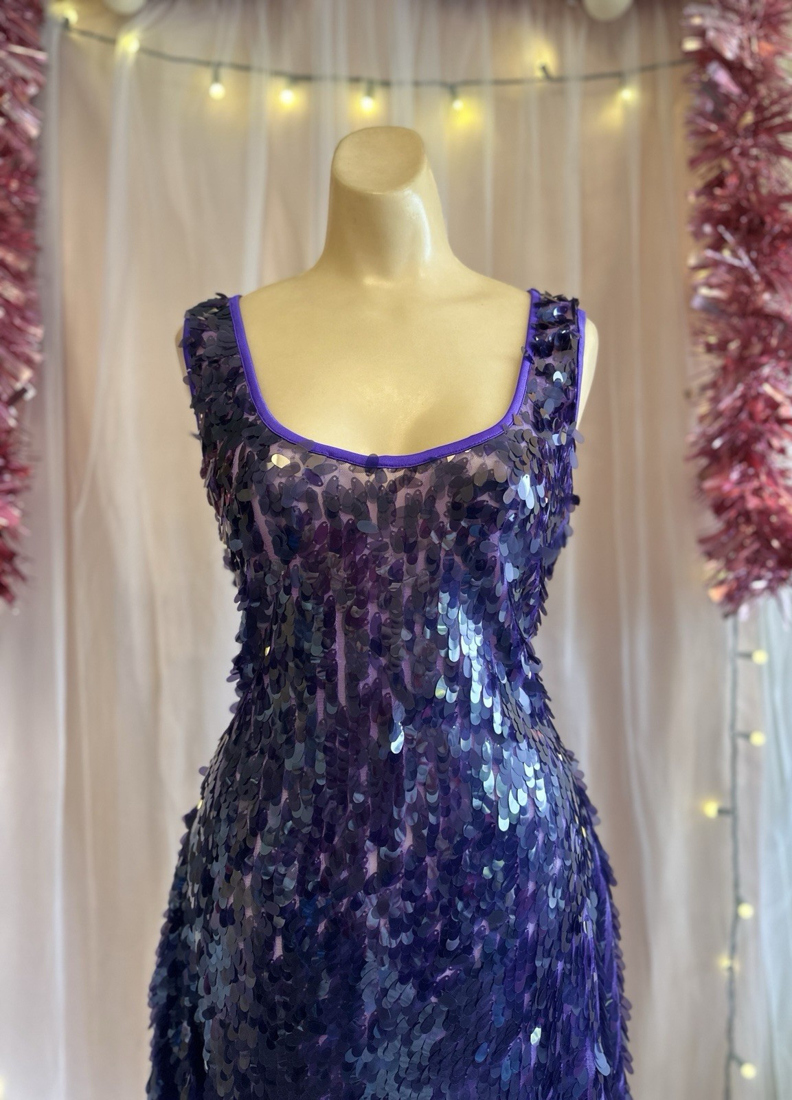 Vintage Y2K 2000s Purple Sequin Mini Dress Sleeveless Bodycon Festival Rave M/L