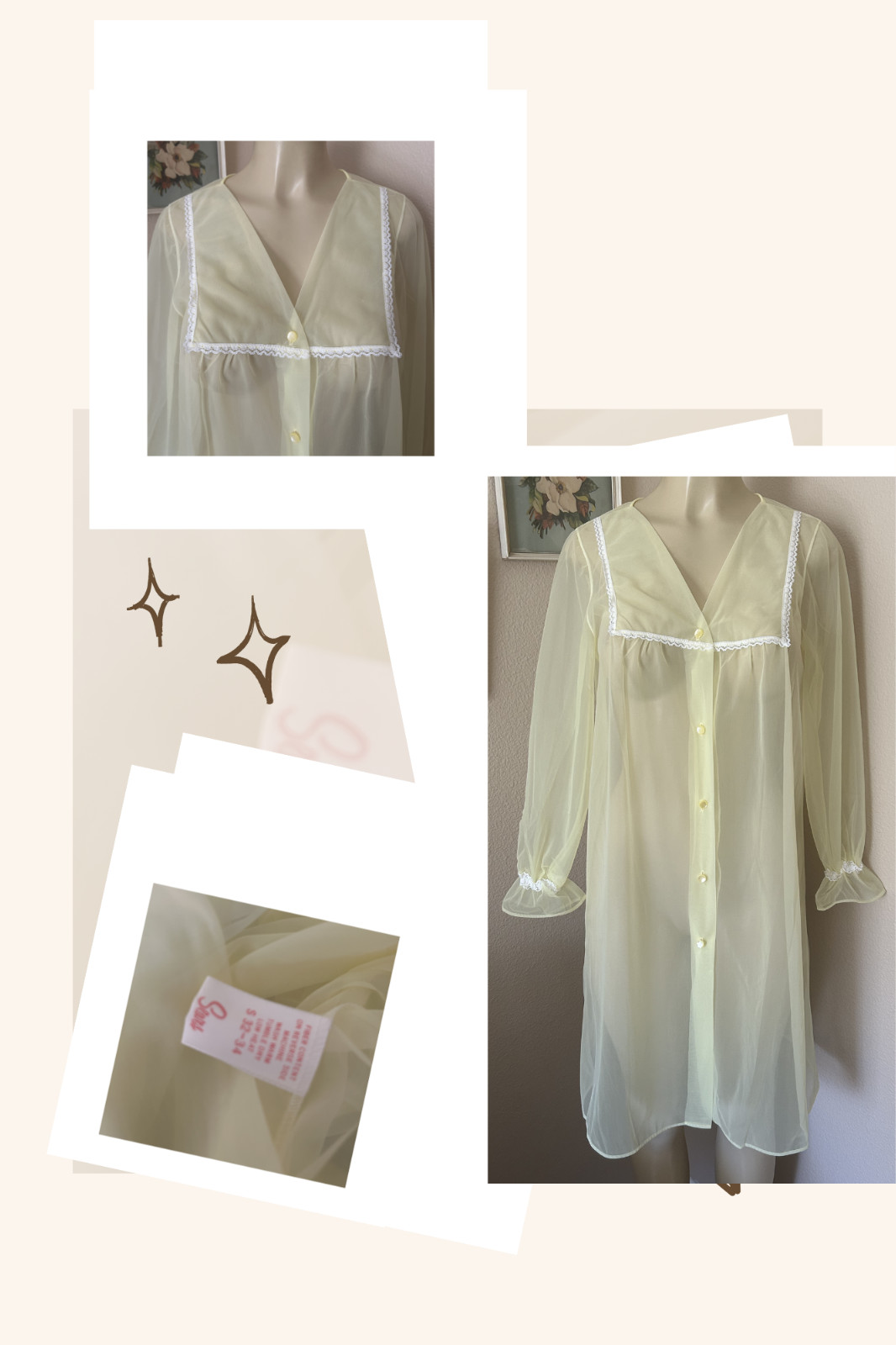 VTG 60&rsquo;s CHIFFON ROBE Lemon yellow Lace trim S 32/34 bust PRISTINE SEARS