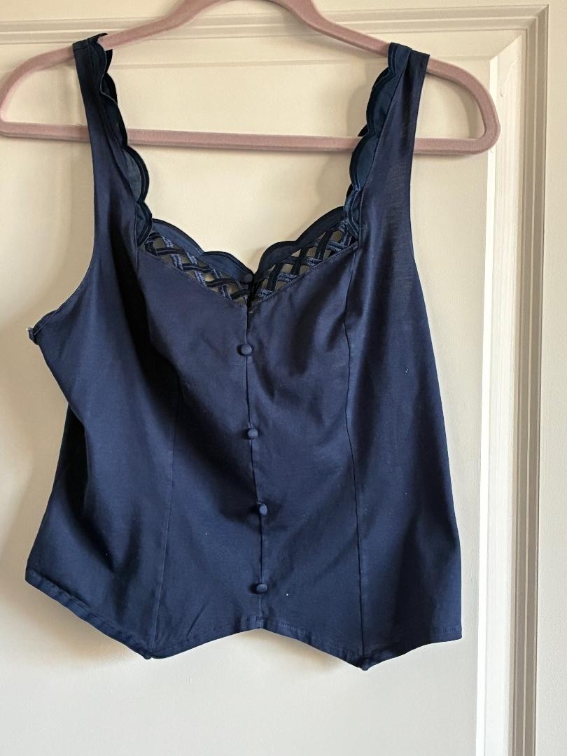 Vintage 1980s French Cotton Camisole Scalloped Neckline Lattice Detail