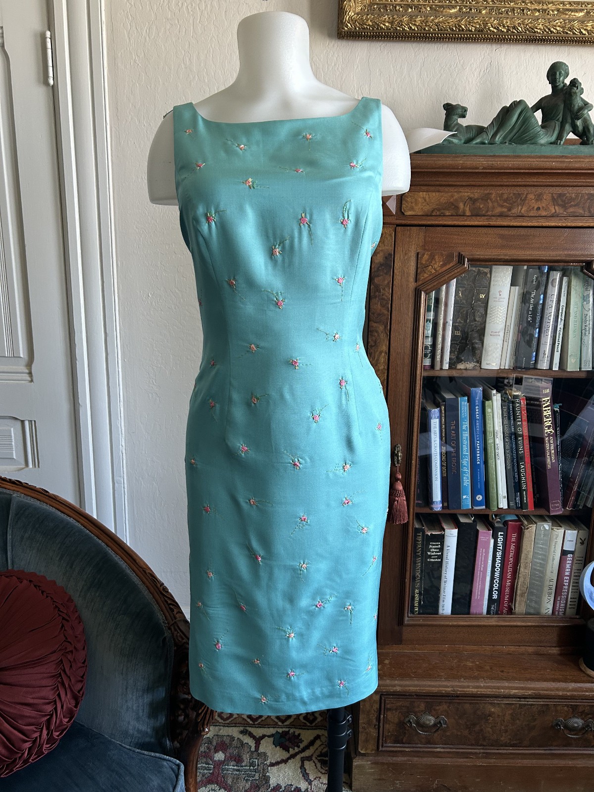 Vintage 90&rsquo;s Blue Silk Floral Embroidered Shift Dress Party Summer Day Dress 8