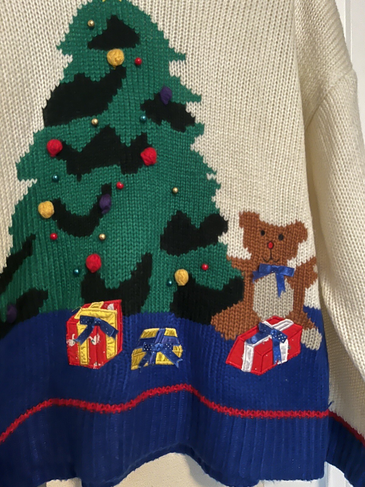Hasting & Smith Vintage Ugly Christmas Tree Sweater Holiday Bear Knit Present L