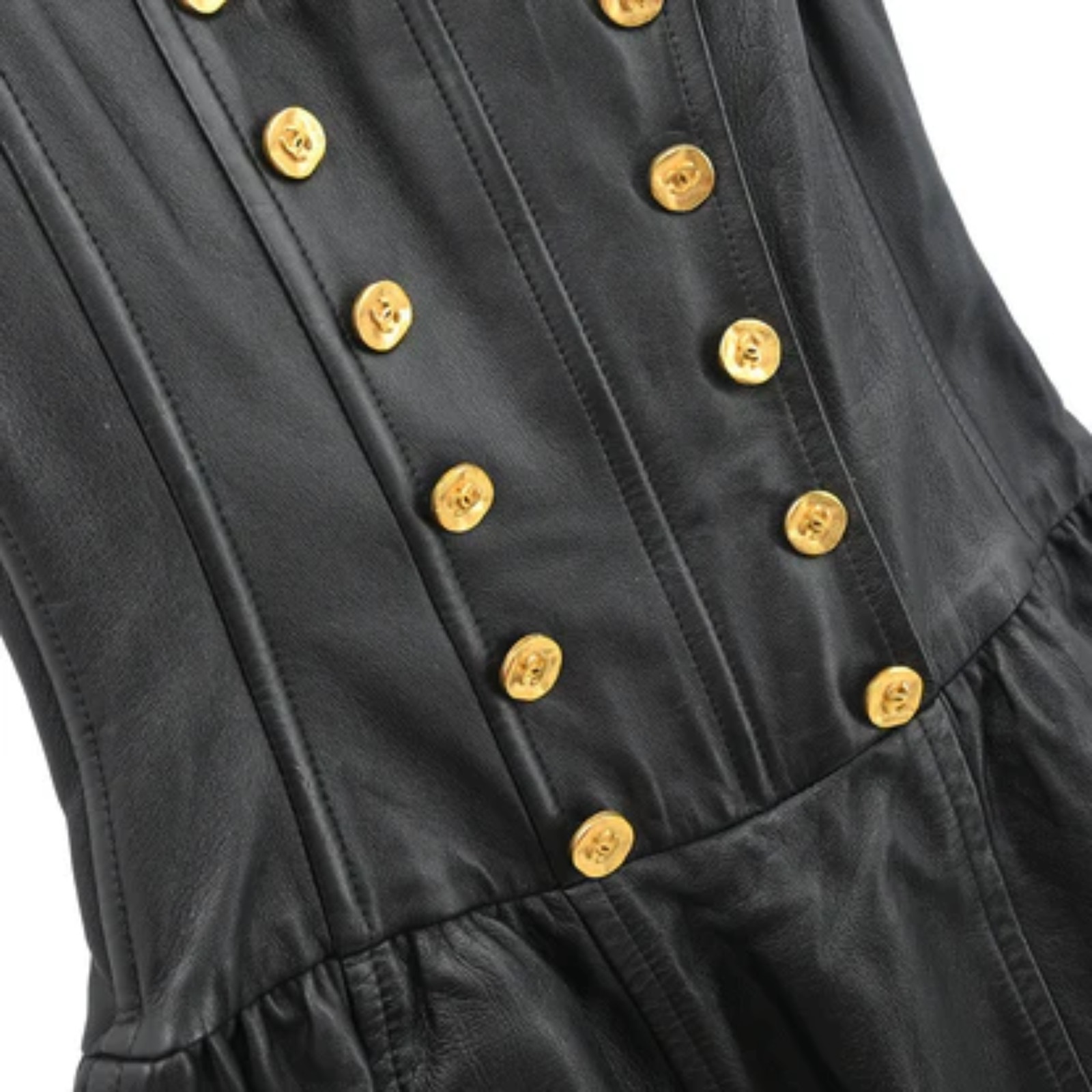 Chanel 1993 Black Gold Fishbone Leather Chain Dress CC Buttons