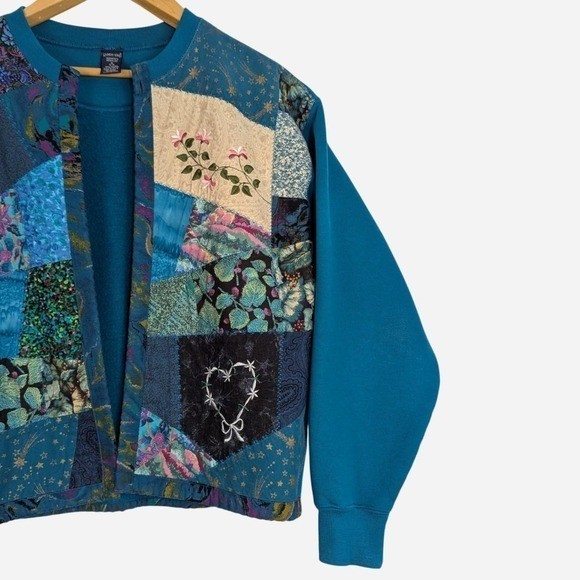 Vintage Lands&rsquo; End Crazy Quilt Patchwork Open Front Sweatshirt Small