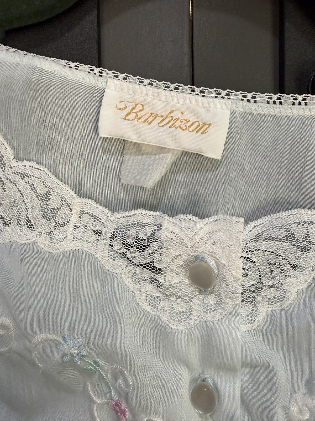 Barbizon Vintage Cottagecore Light Blue Lacey Embroidered Button Front Nightgown