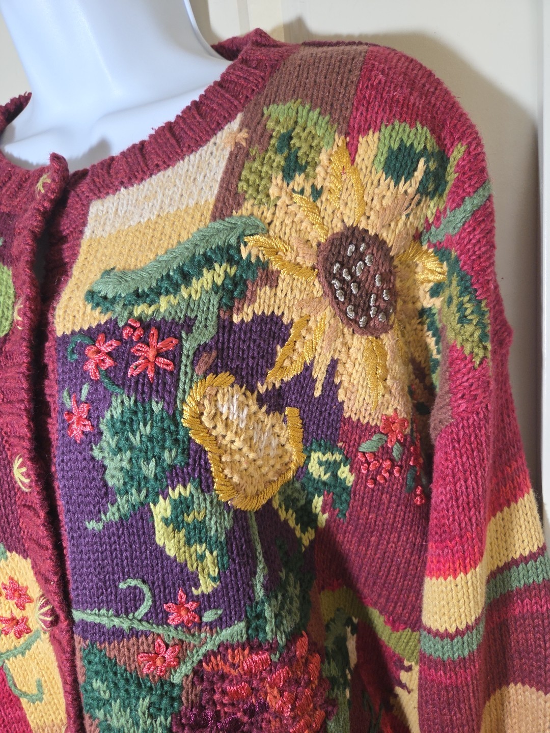 Vintage 2001 Tiara International Chunky Knit Cardigan Sweater Sunflower Fruit XL