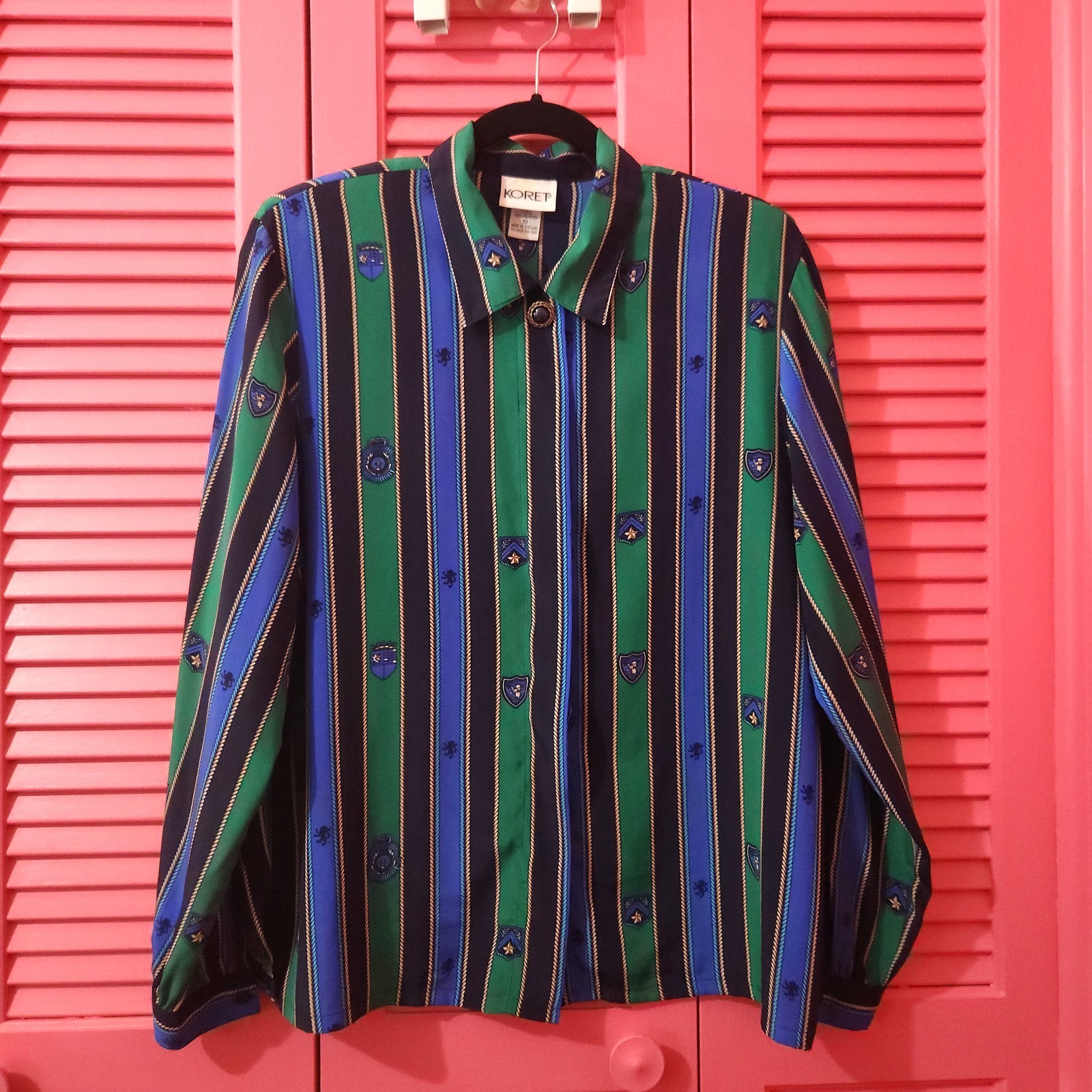 Fancy Elegant Vtg 80s blue green striped equestrian hidden button blouse size 10