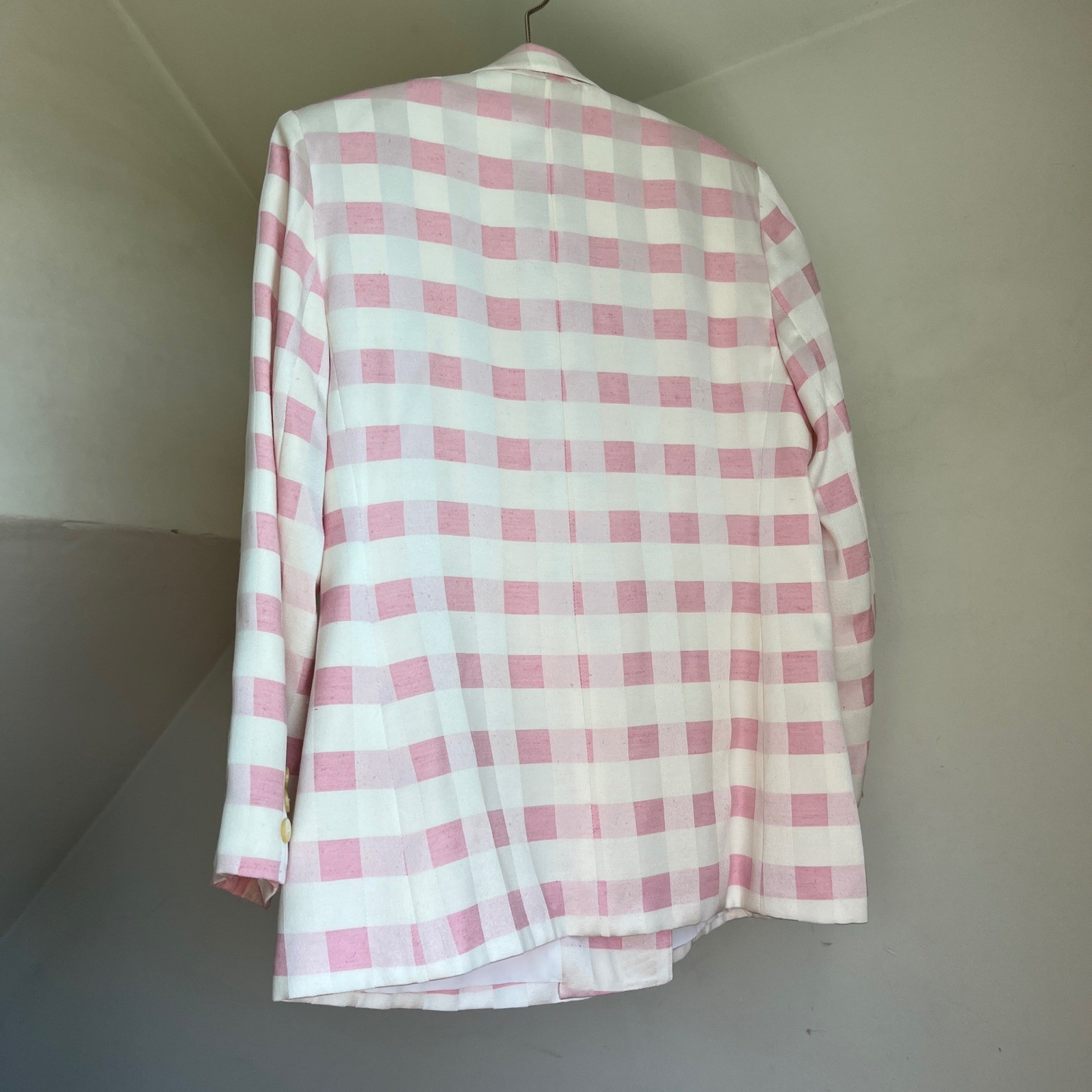 Vintage 1980s Blazer Pink White Gingham Check Double Breasted Jacket Avant Garde
