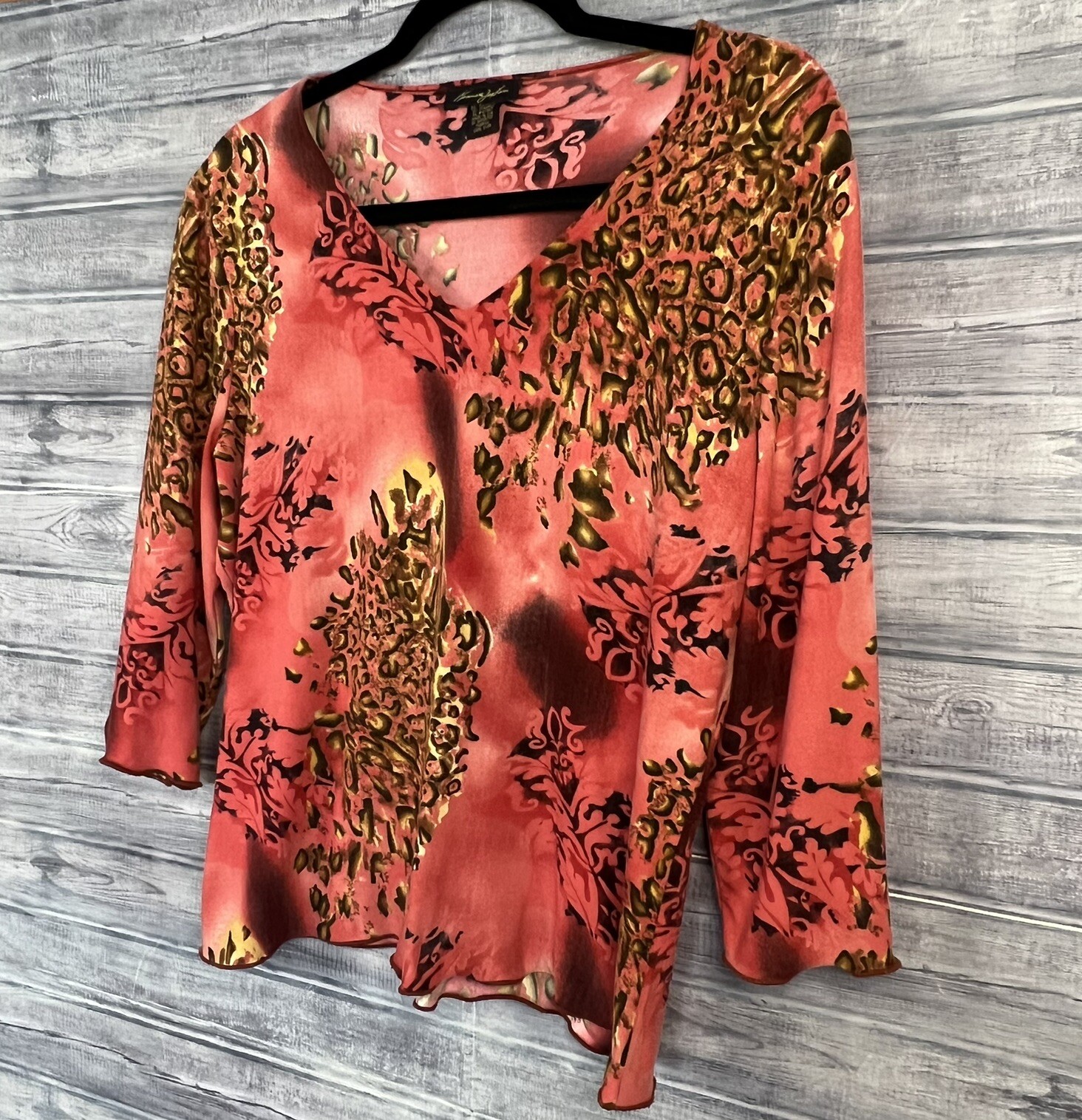 Vintage 70s Kenneth Jay Lane Size L Large Blouse Orange Red Cheetah Women
