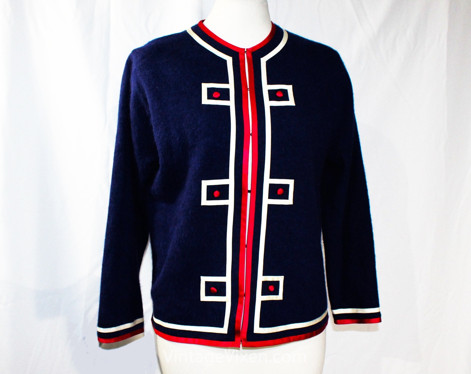 Size 12 Toy Soldier Cardigan – Large 1960s Navy Blue Sweater Red White Bust 37.5