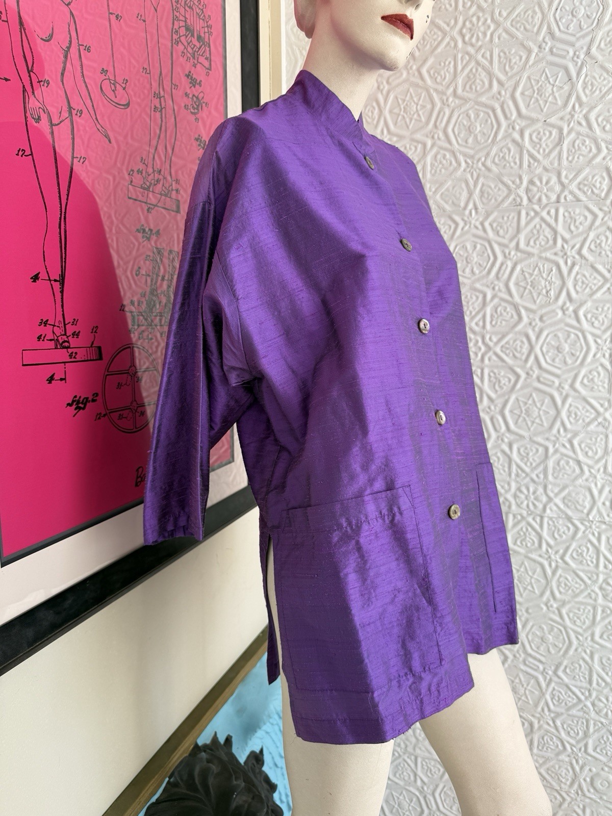 Vintage 1990s silk blouse purple mandarin collar minimalist art to wear Gerties