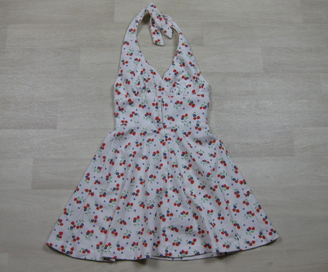Vintage 70s Halter Micro Mini Swing Dress (XS) Open Back Strawberry Print Pinup