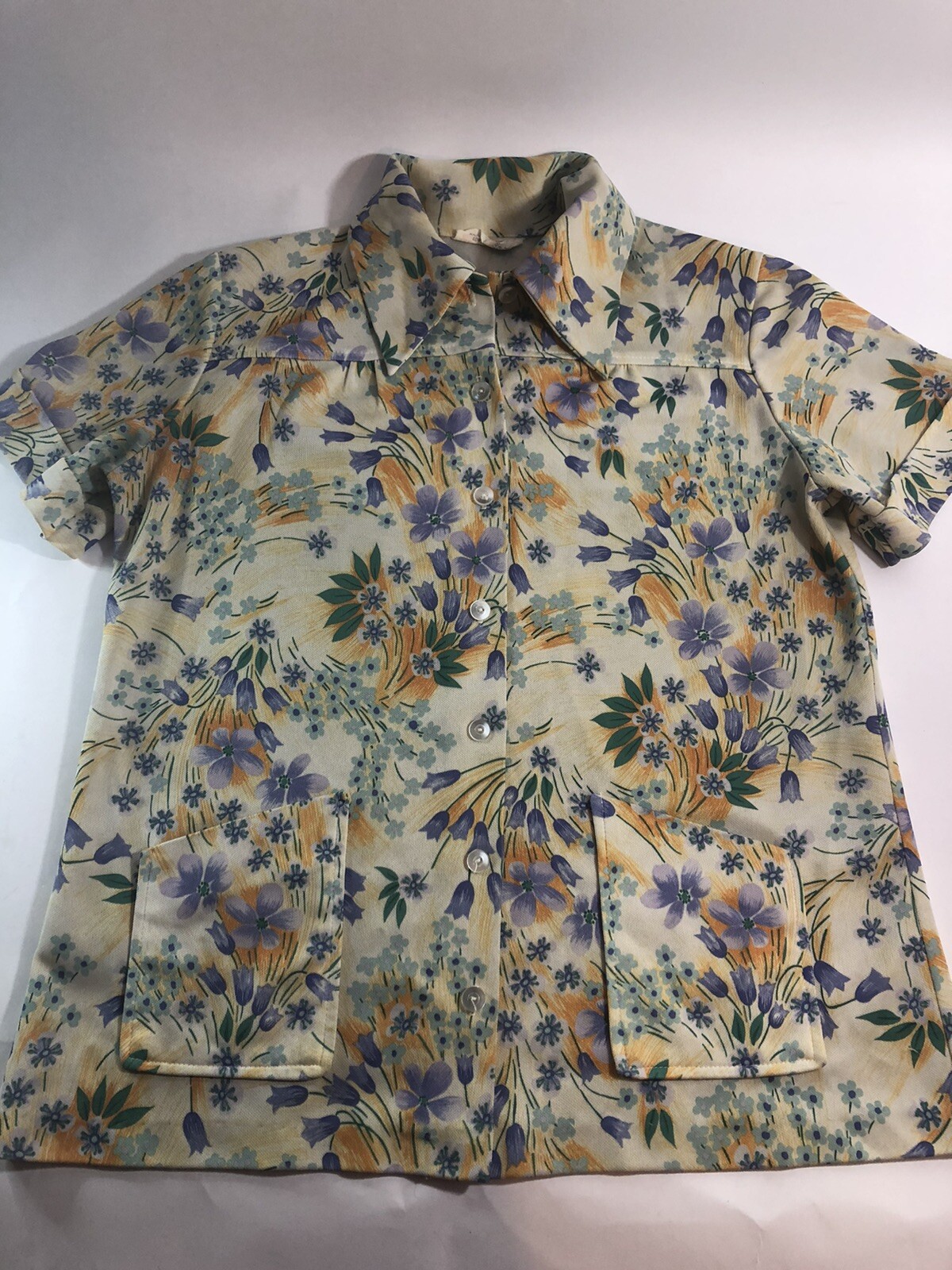 Smartique Size 40 (m-l) Polyester Floral Top Collar Yellow Button Up Vintage