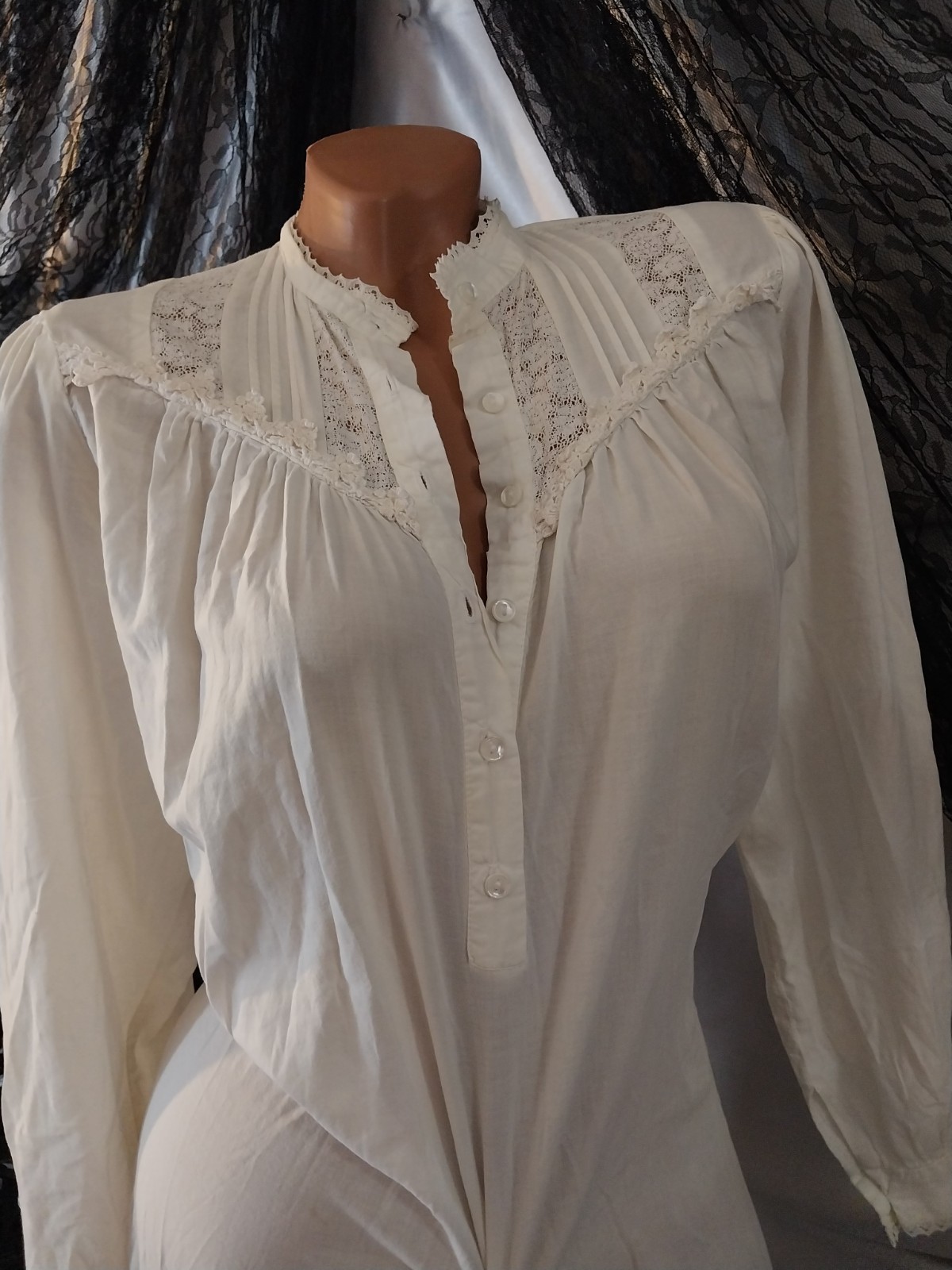 Vtg COTTON GAUZE MAXI ETHEL CAIN STYLE ESQUE PRAIRIE DRESS CROCHET LACE PIN TUCK