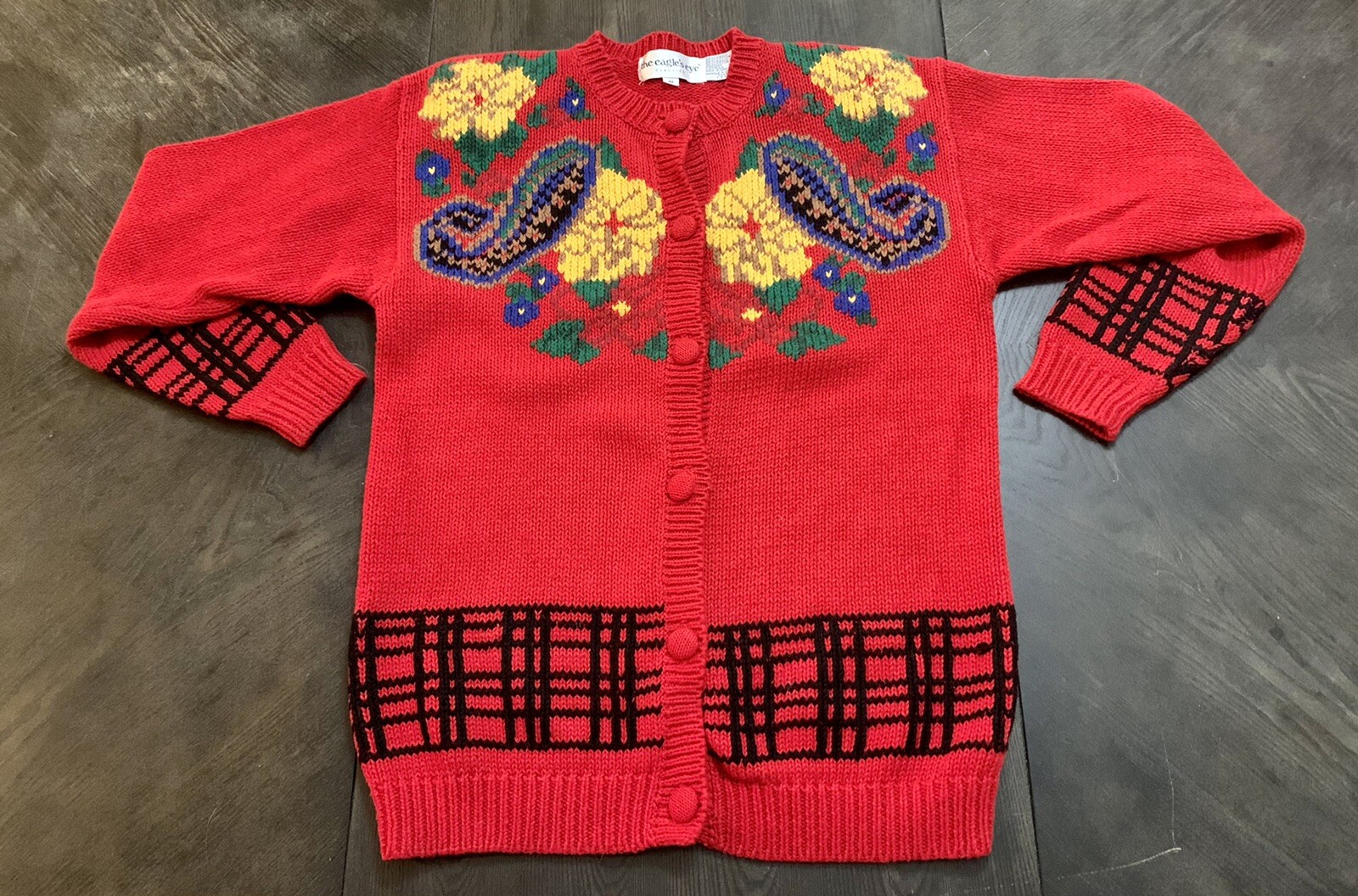 Vintage The Eagle&rsquo;s Eye Sweater Hand Knit Teacher School Cardigan Flowers SZ M