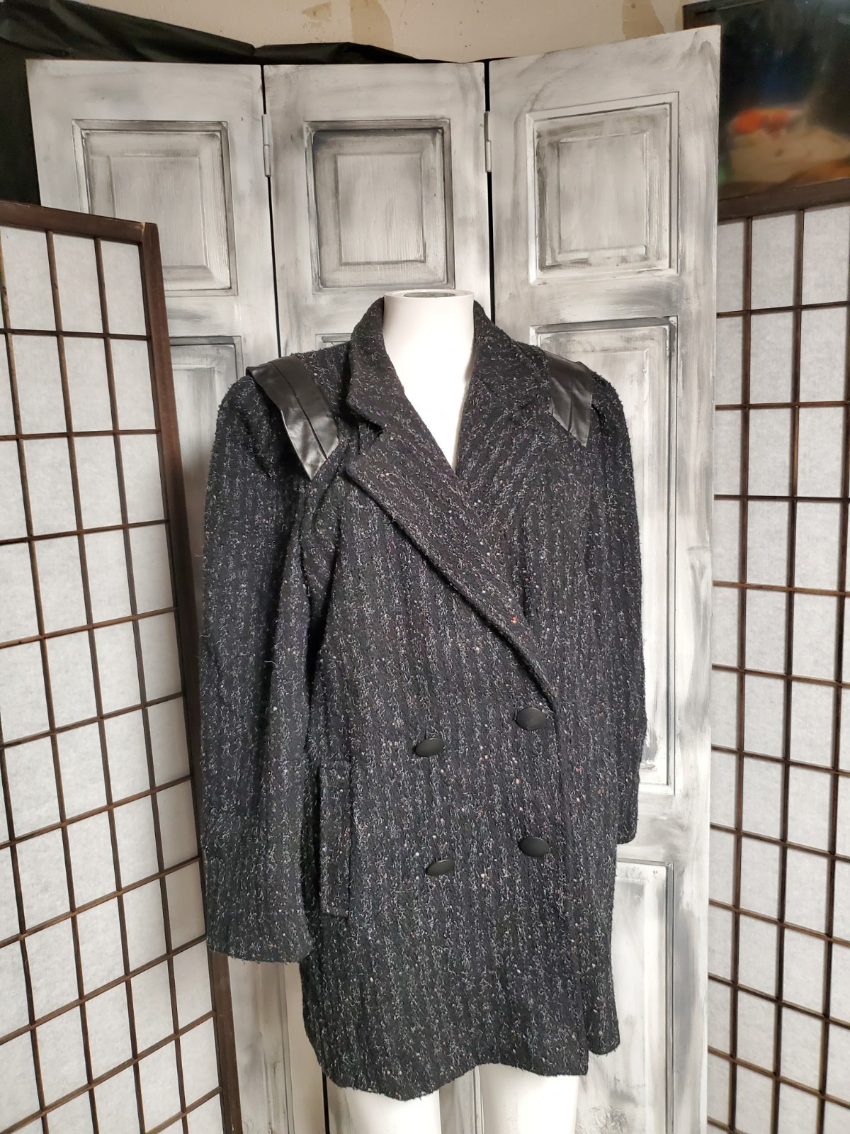 M-L Vtg Womens Tweed Wool & Leather Button 80s Oversized Double Breasted Coat