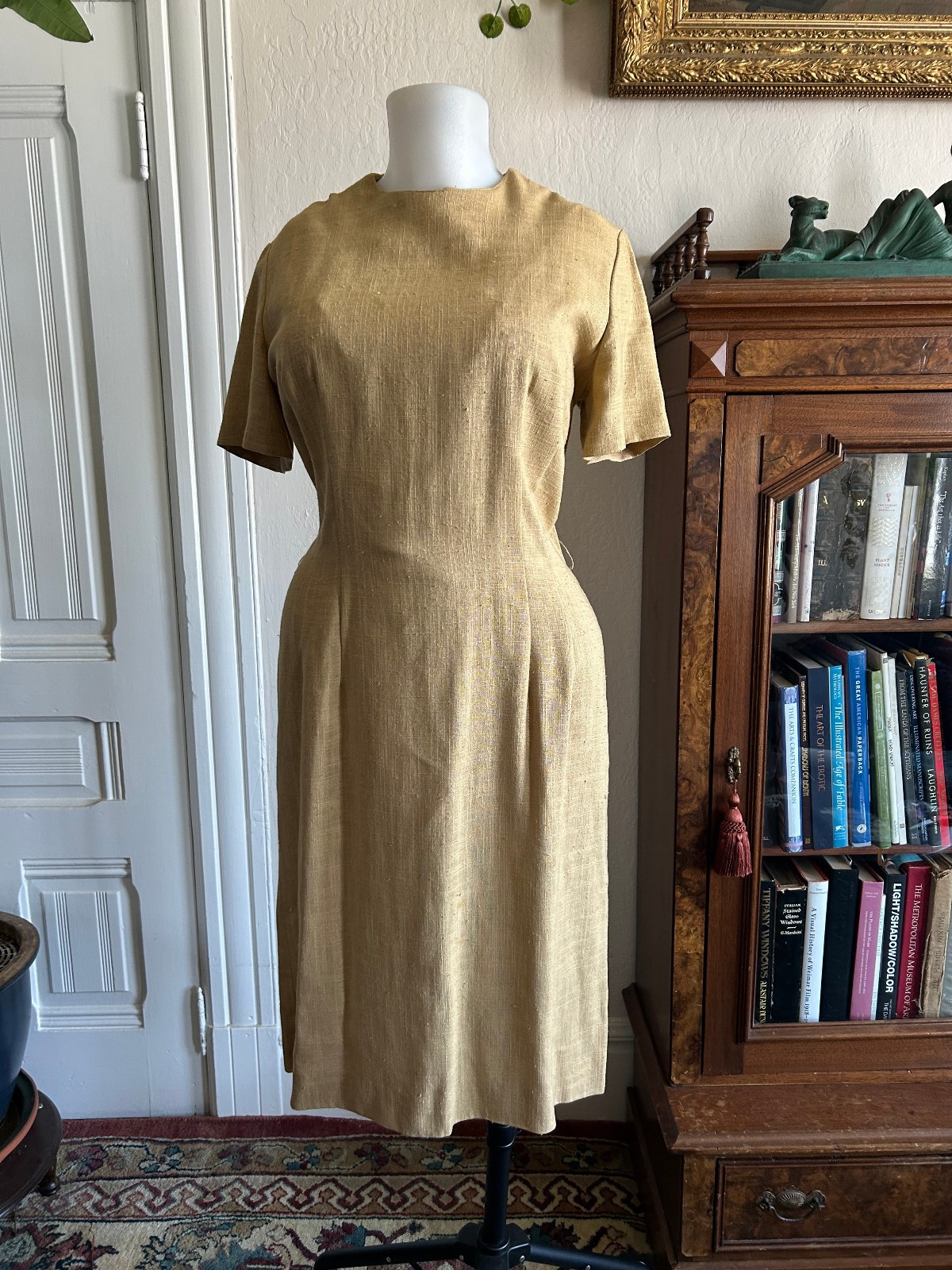 Vintage 1960s 50s Wiggle Pencil Cocktail Dress Silk Linen Texture Waist 32&Prime; VTG