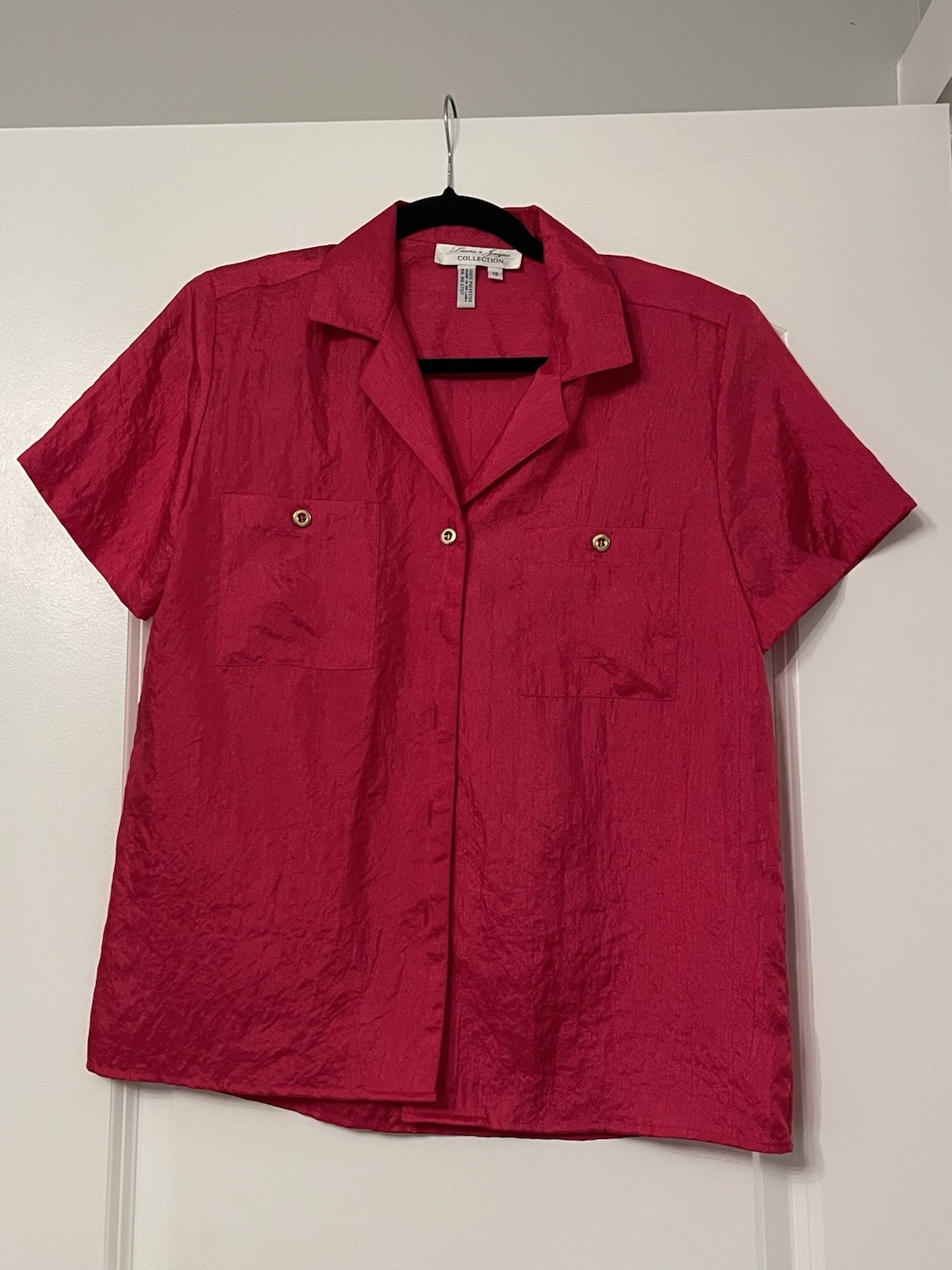 Vtg 80s 90s Crinkle Satin Blouse By Laura & Jayne Fits S/M Hot Pink Gold Buttons