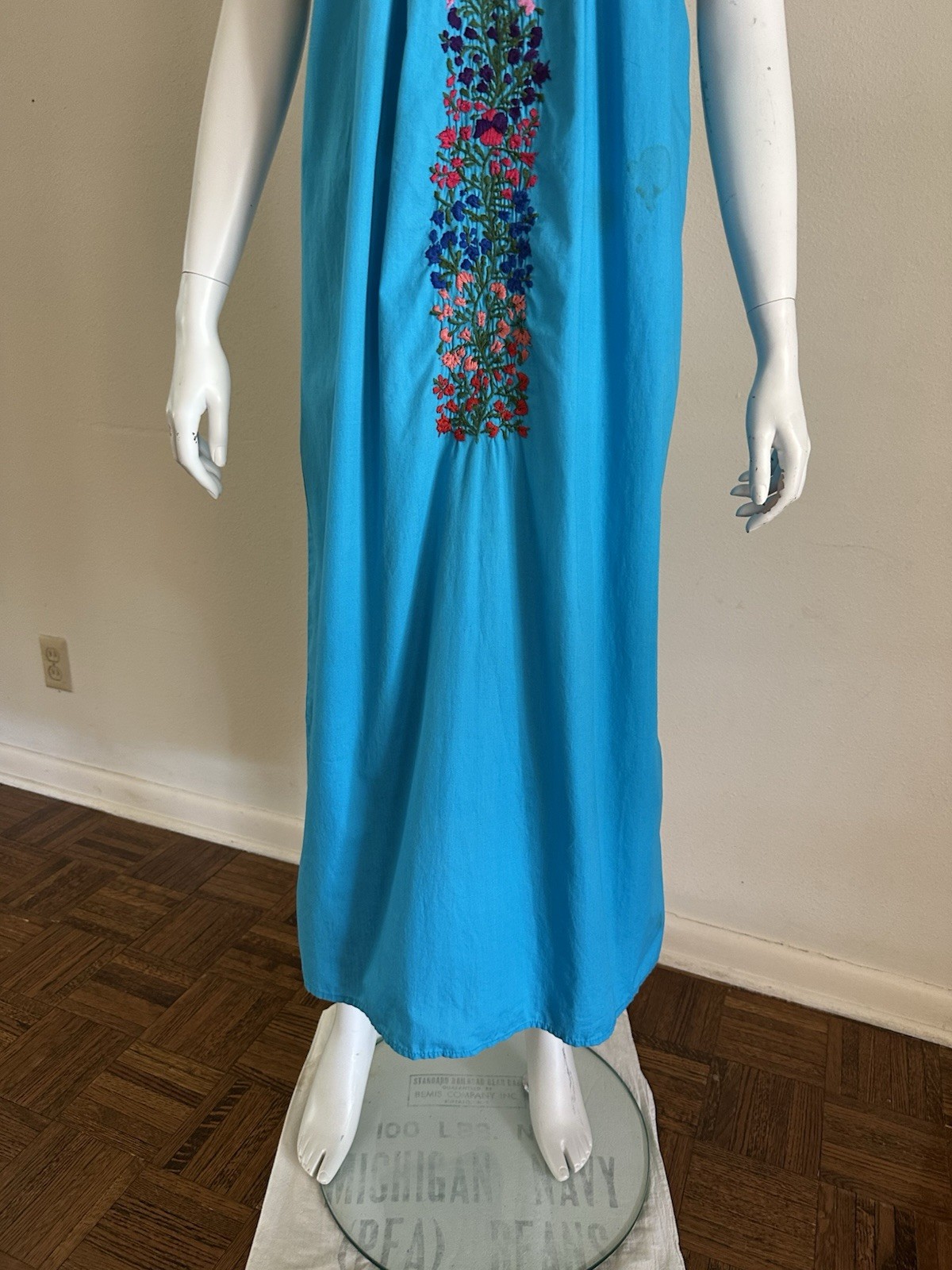 1970s Cotton Oaxacan Mexican Huipil Dress Embroidered Maxi STAINED AS IS Vintage