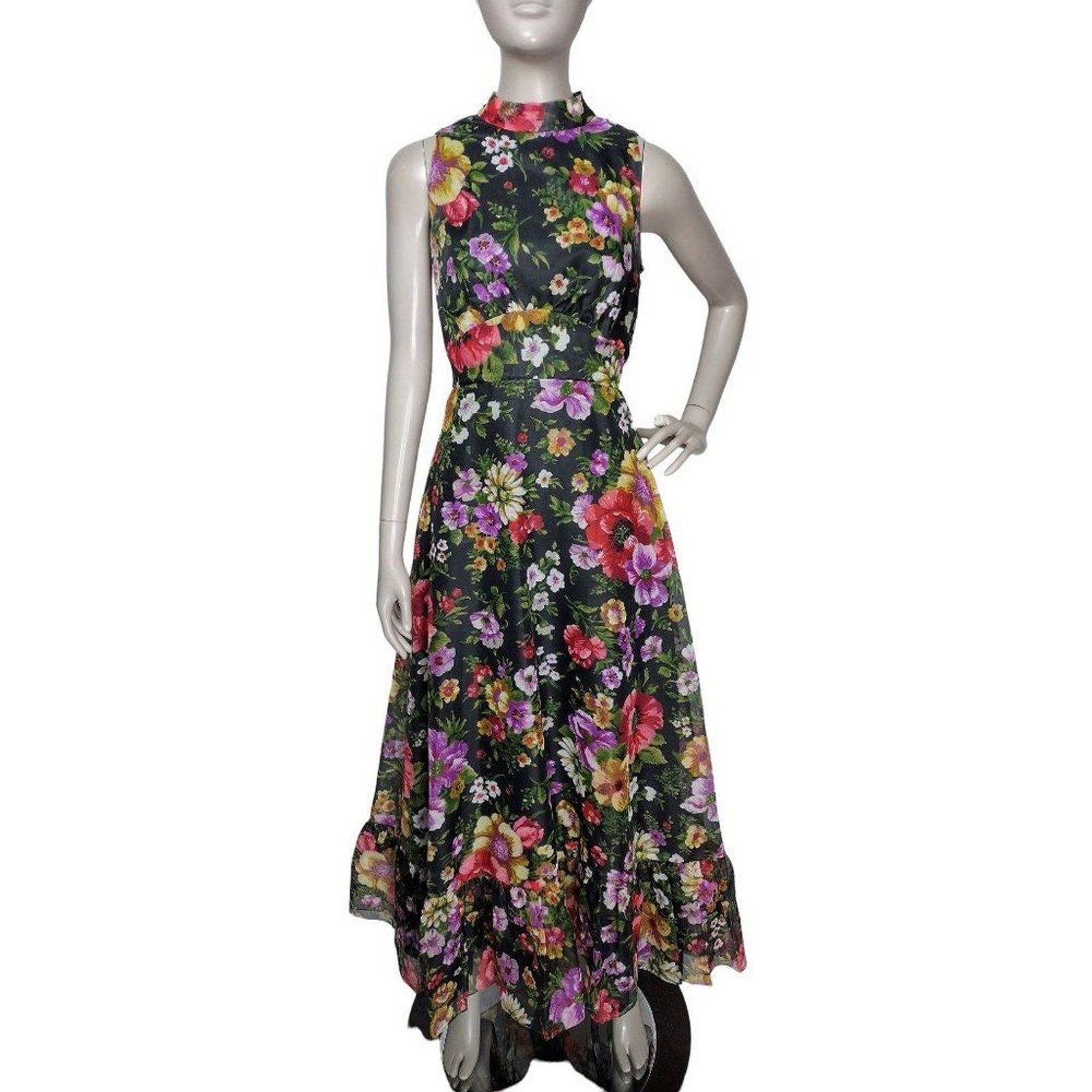 Vtg 70&rsquo;s Lorrie Deb Black Spring Floral Organza Halter Cottagecore Prairie Dress