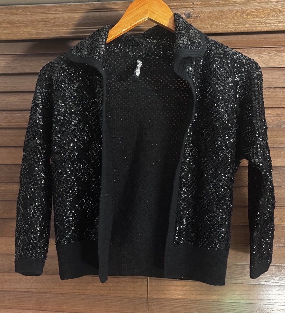 Vintage 1960s Laura Aponte Black Sequin Wool Cardigan Jacket Cropped Evening
