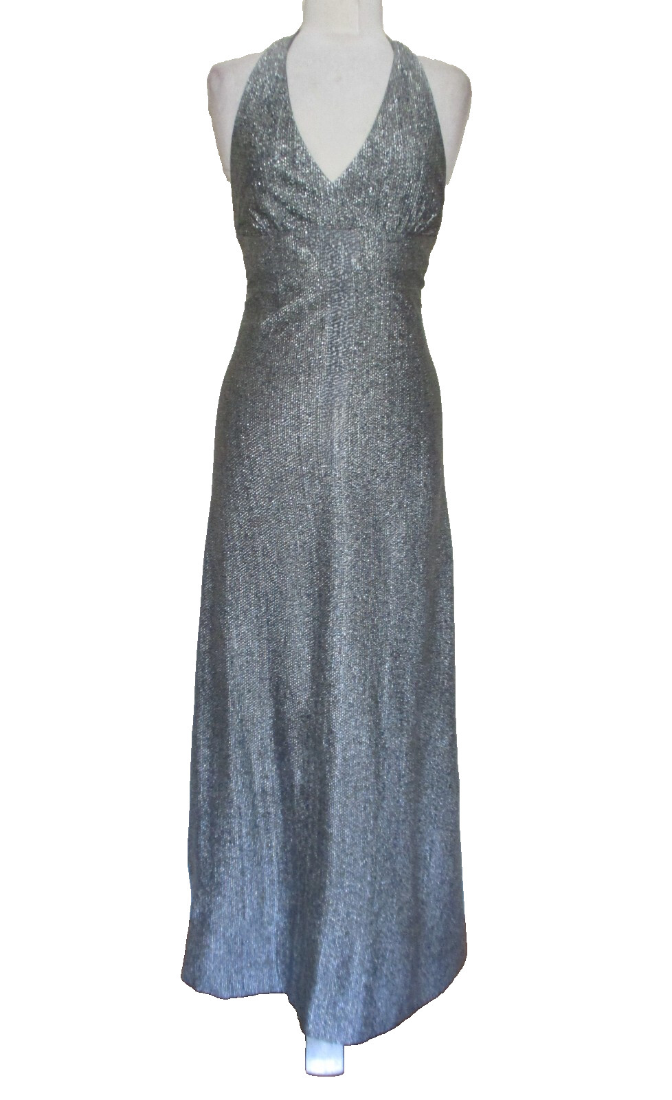 Vtg 60s 70s Young T Halter Maxi Dress XS/S Women Silver Lame&rsquo;