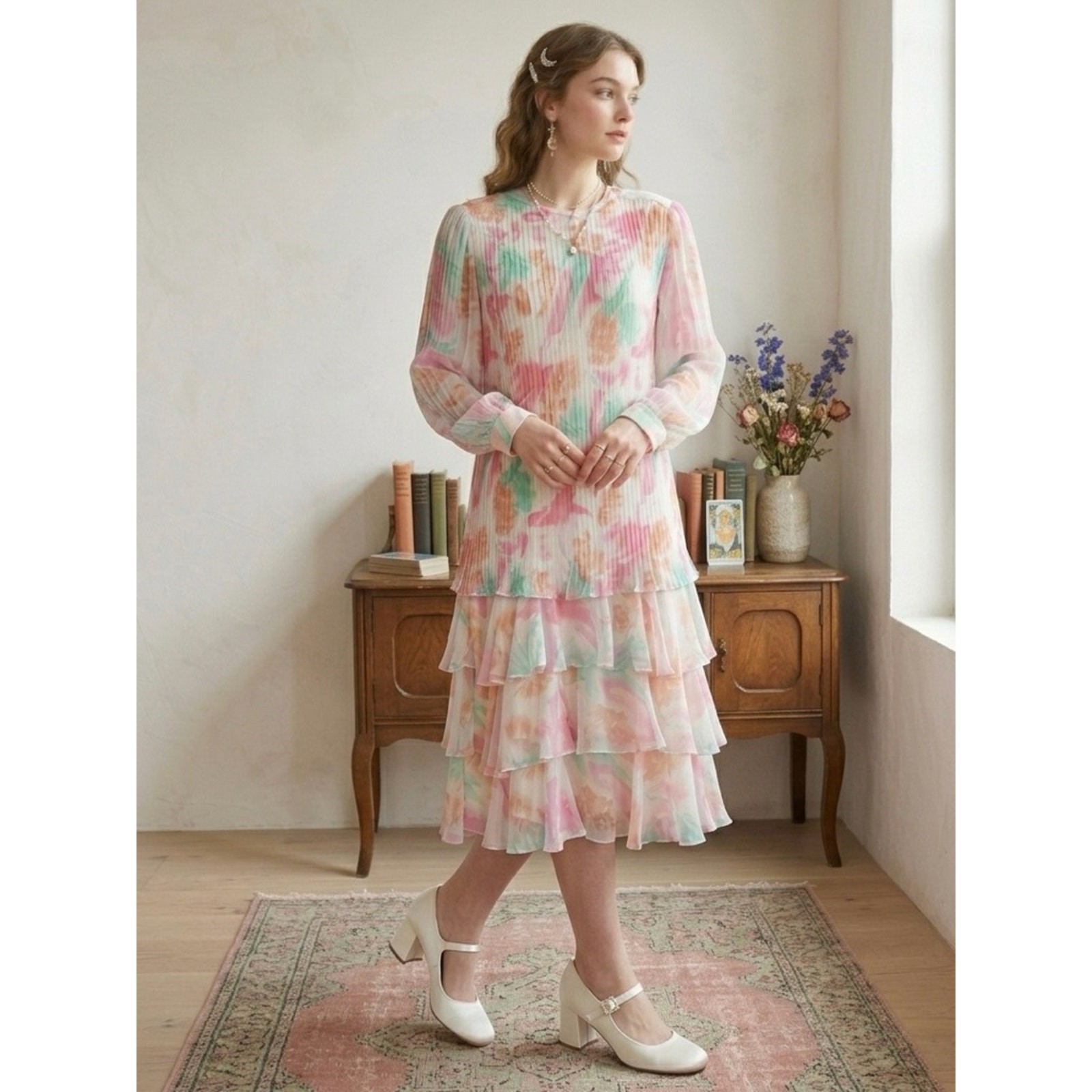 Vintage Lisa Michaels Watercolor Pleated Ruffle Tiered Midi Dress Cottagecore M