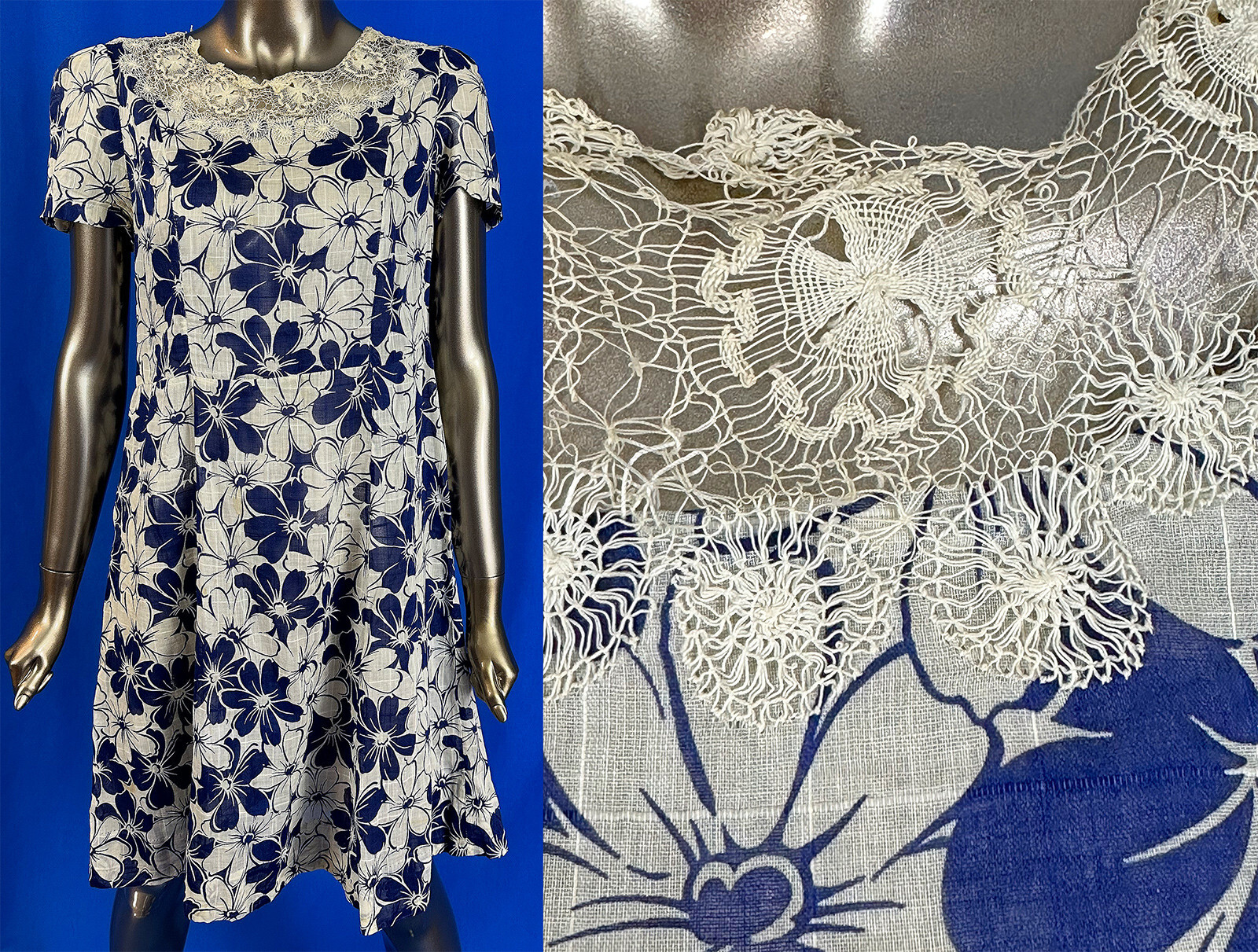 Vintage Tenerife Lace Collar Blue White Daisy Print Cotton Smock Frock Day Dress