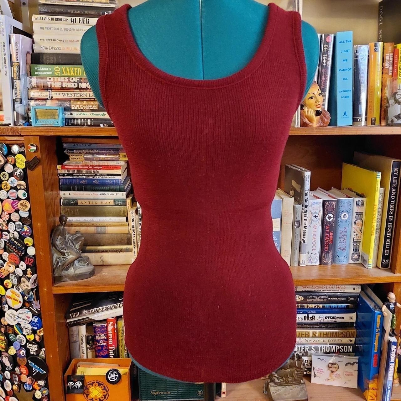 Vintage deep red sweater tank, has some stretch becomes sheer when stretched out