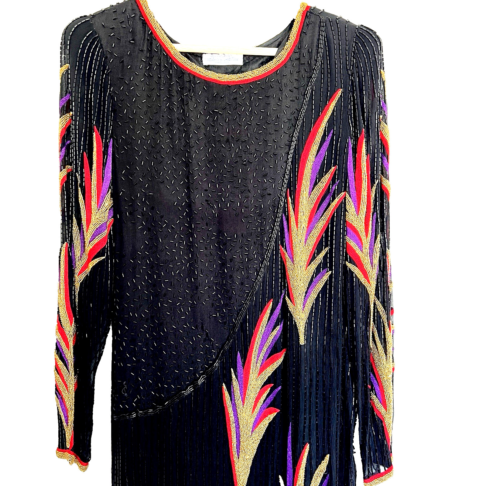 70&rsquo;s beaded & embroidered silk gown- Bob Mackie style Abstract Flame Pattern