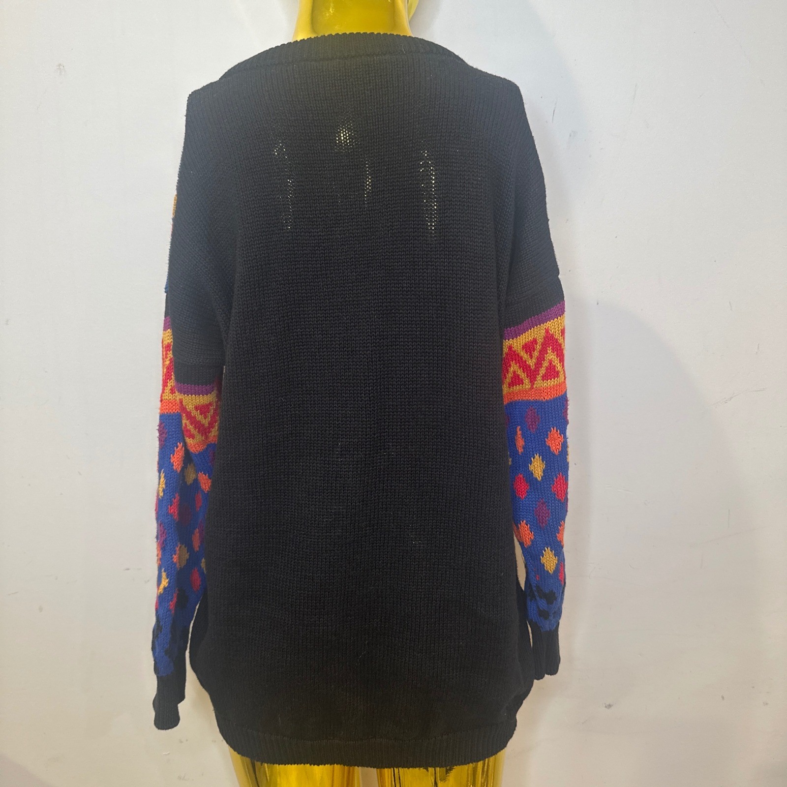 Vintage Rafaella Petites Abstract Geometric Floral Knit Sweater Small Black Art
