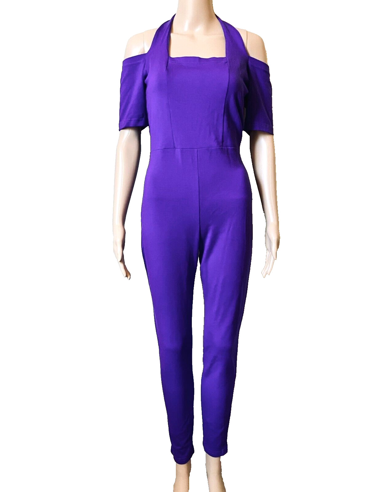 Vintage 80-90&rsquo;s BRIGHT PURPLE Off Shoulder Halter Neck JUMPSUIT Stretch Knit ~ L