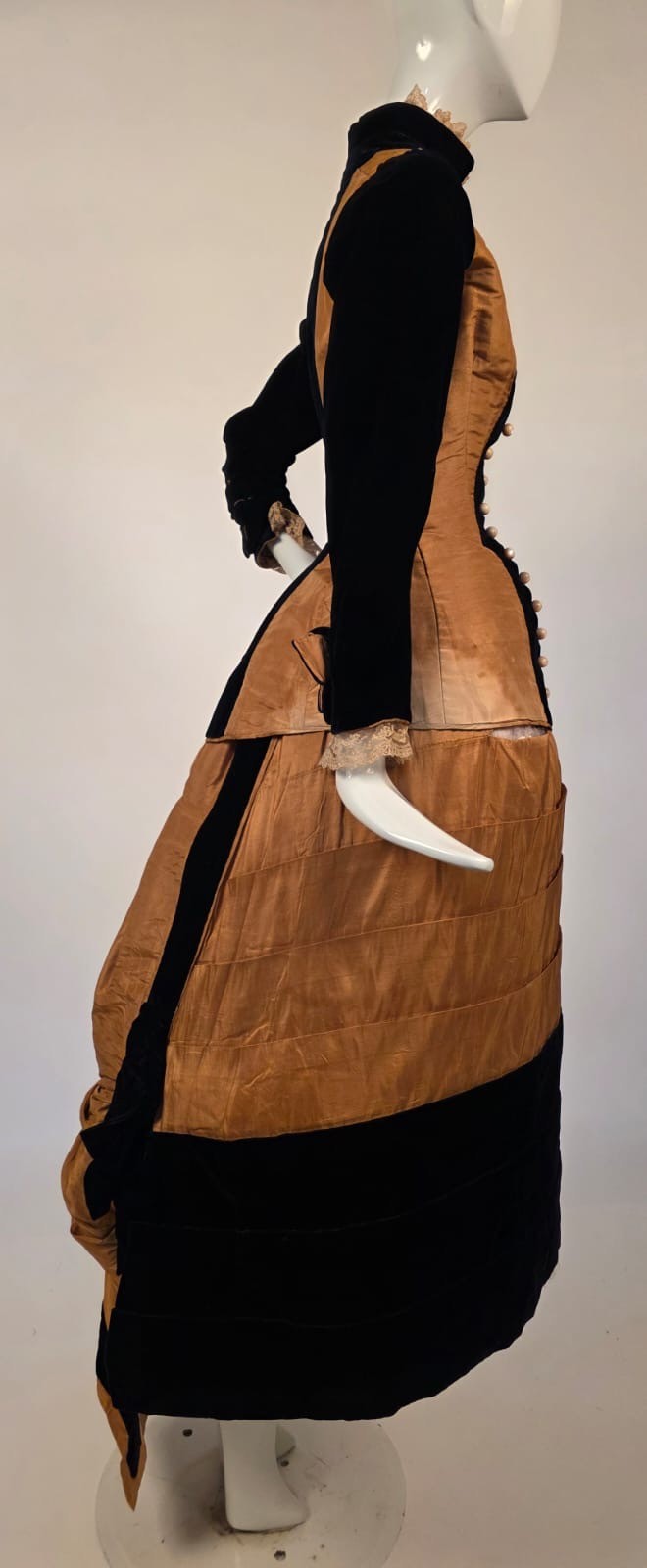 VICTORIAN 1870’S BUTTERSCOTCH SILK + BLACK VELVET WALKING SUIT BUSTLE DRESS