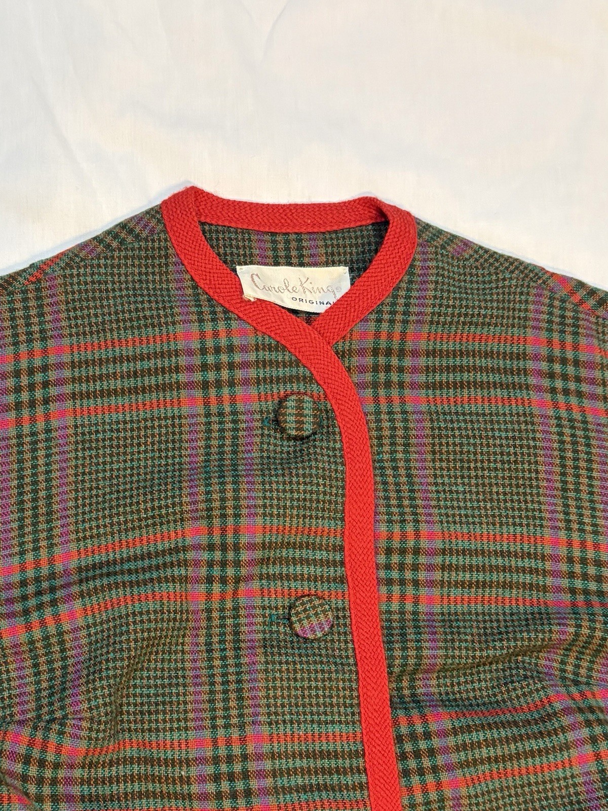 Vintage 60s Carole King 2 pc Multicolor Plaid Red Trim Academic Skirt Suit Mod