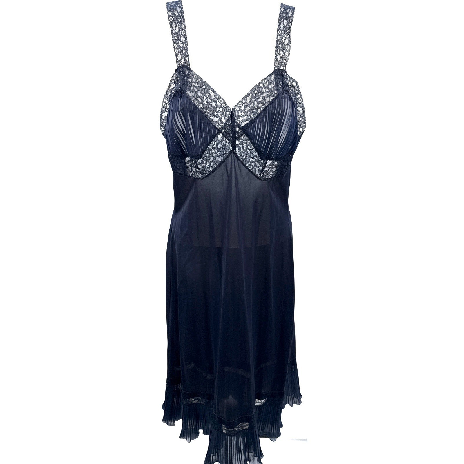Vintage Style Navy Blue Lace Pleated Chemise Slip Nightgown Sleeveless Pinup