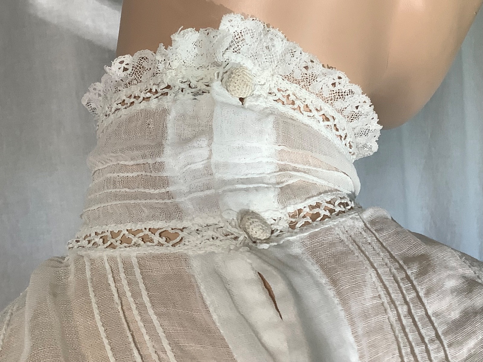 antique Edwardian blouse Top white Cotton lace M heirloom High neck 3/4 sleeve