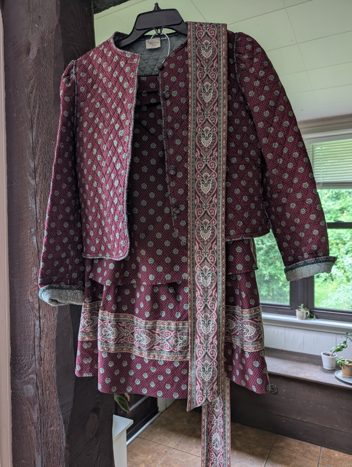 Vintage 80s Vera Bradley Quilted Jacket Tank Skirt & Sash Set Medium Maroon