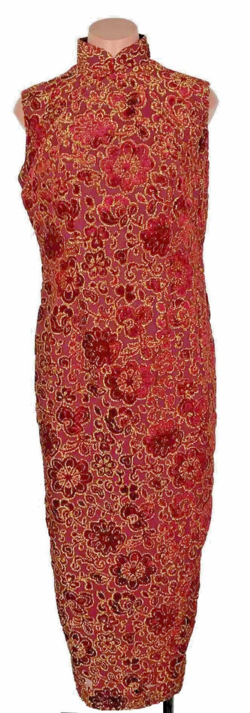 Vtg 70s Floral Chinese Cheongsam Asian Wiggle Dress S/M Gold Lame Red Shiny Slit